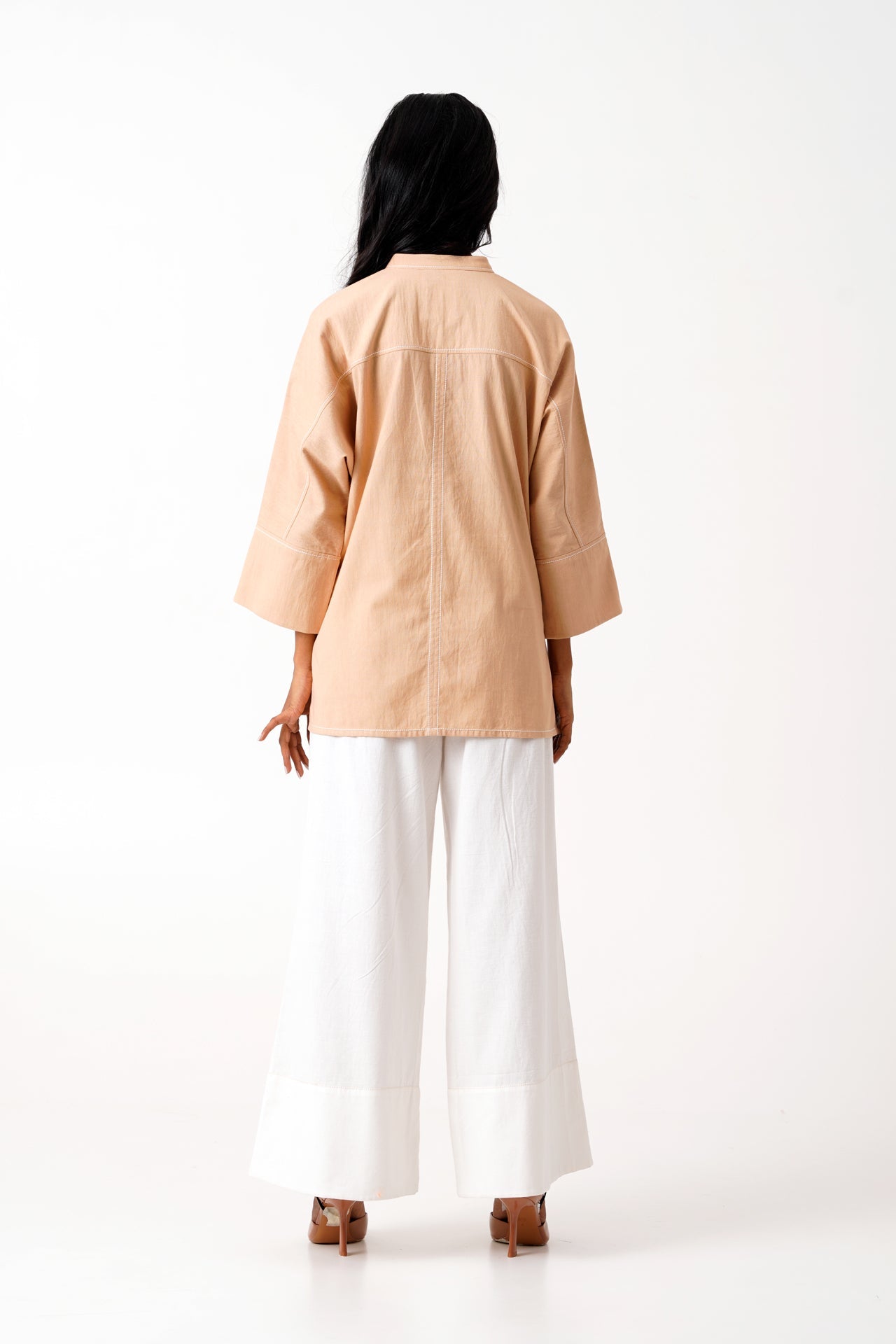 Bask & Pete - Latte Panel Appliqued Top + White Pleated Pants