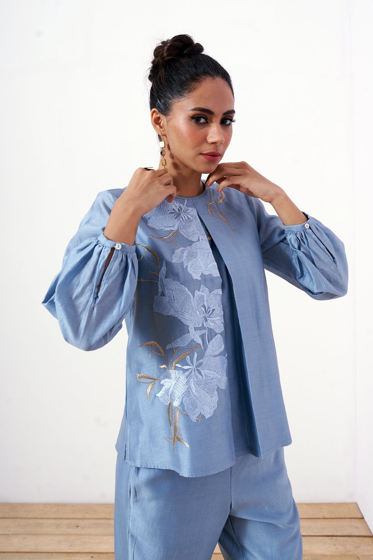 Miriam - Powder Blue Demure Top with Ankle Pants