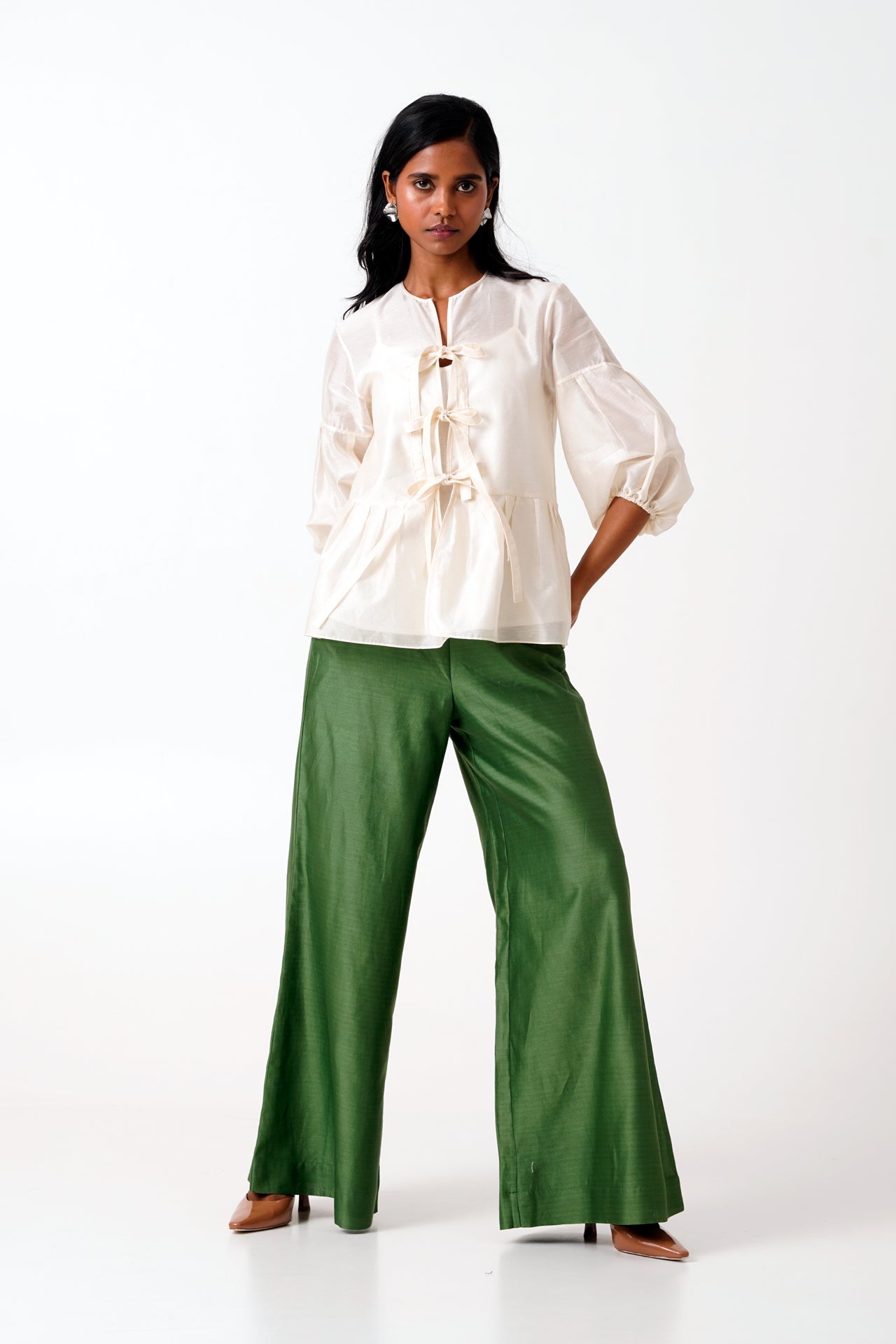 Ivory Toni Set - Multi Knot Peplum Top with Slip + Pine Green Pants