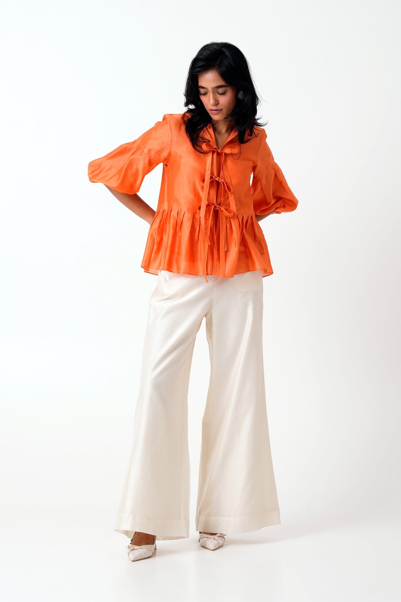 Sunset Orange Toni Set - Multi Knot Peplum Top with Slip + Pants