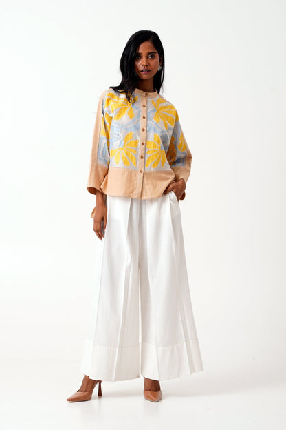 Bask & Pete - Latte Panel Appliqued Top + White Pleated Pants