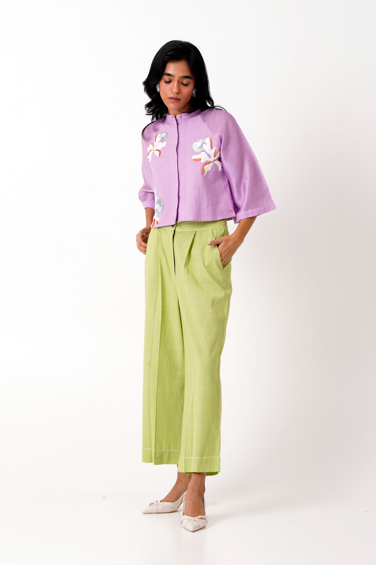 Lavender Zola - Raglan Sleeve Crop Shirt + Ankle Pants