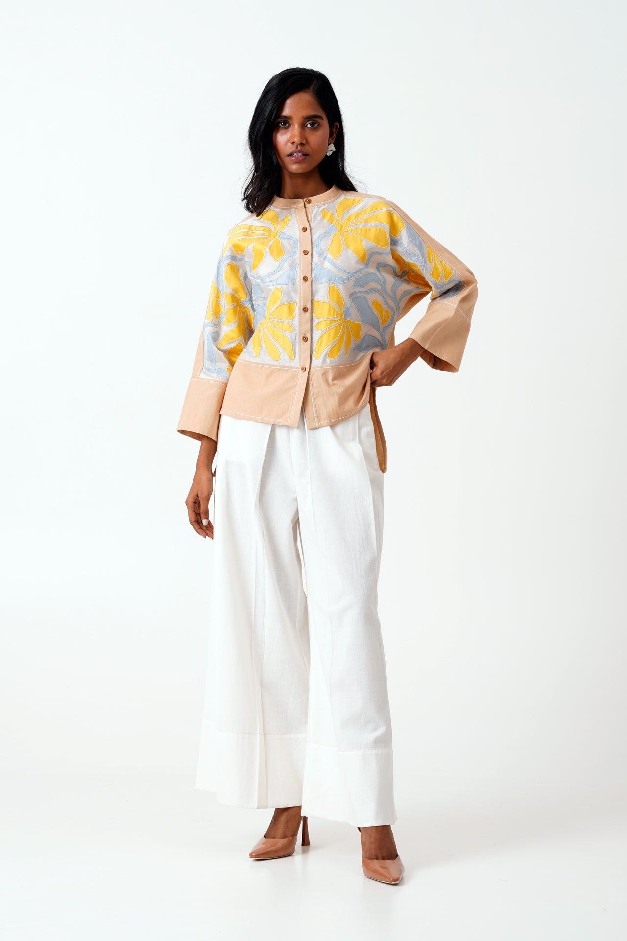 Bask & Pete - Latte Panel Appliqued Top + White Pleated Pants