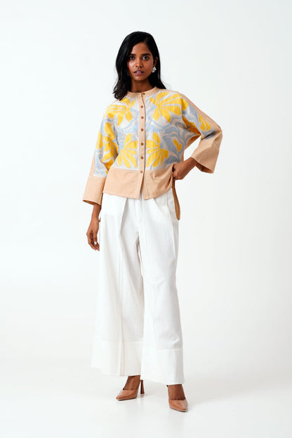 Bask & Pete - Latte Panel Appliqued Top + White Pleated Pants