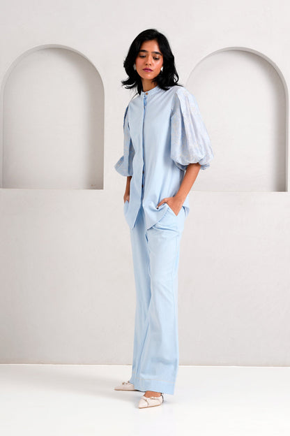 Ice Blue Oba Set - Embroidered Sleeve Top + Pants