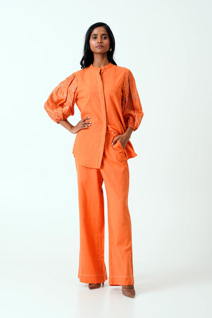 Sunset Orange Oba Set - Embroidered Sleeve Top + Pants