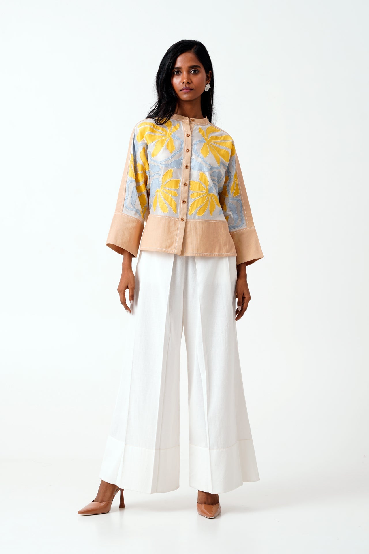 Bask & Pete - Latte Panel Appliqued Top + White Pleated Pants