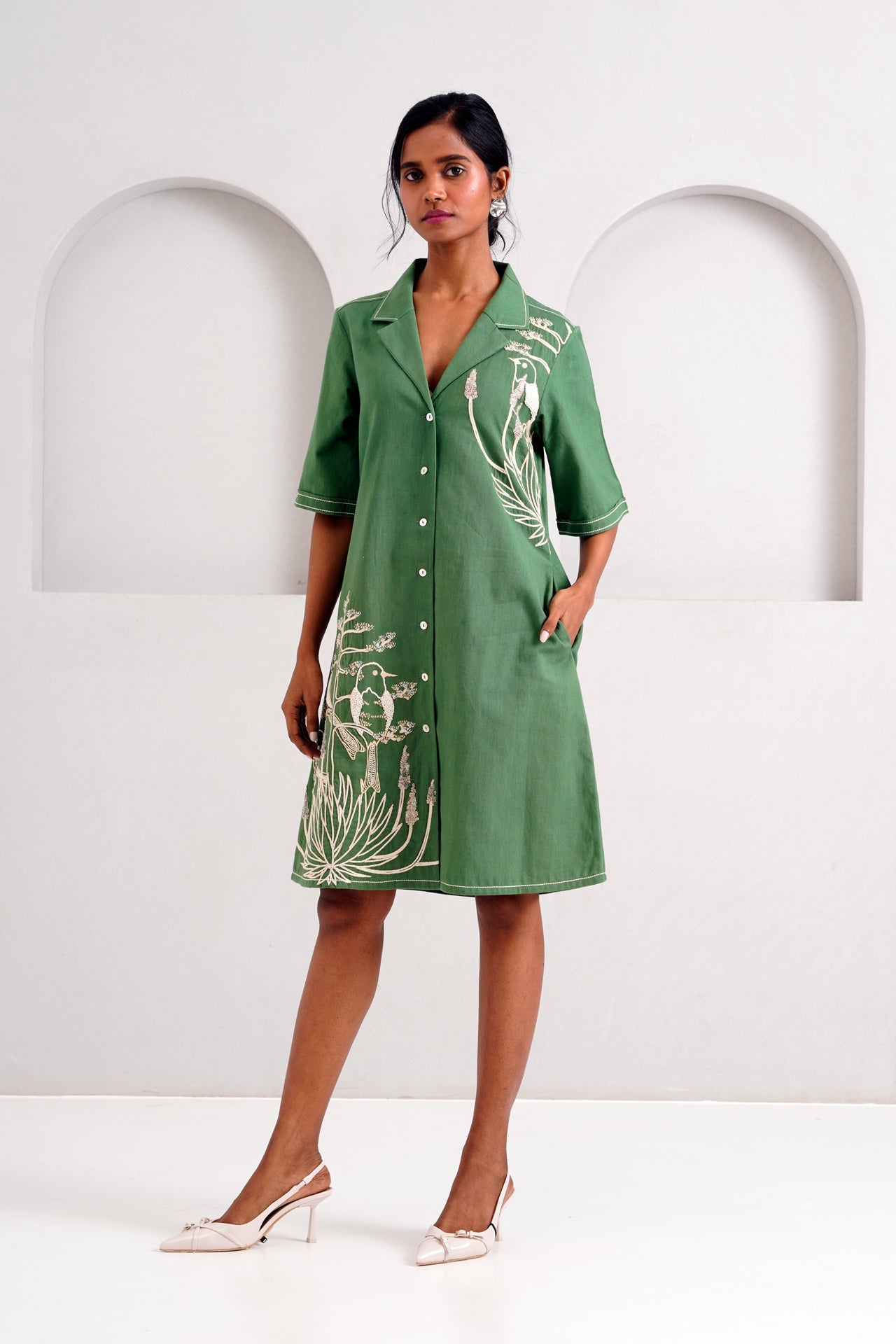 Pine Green Taiwo - Embroidered Shirt Dress