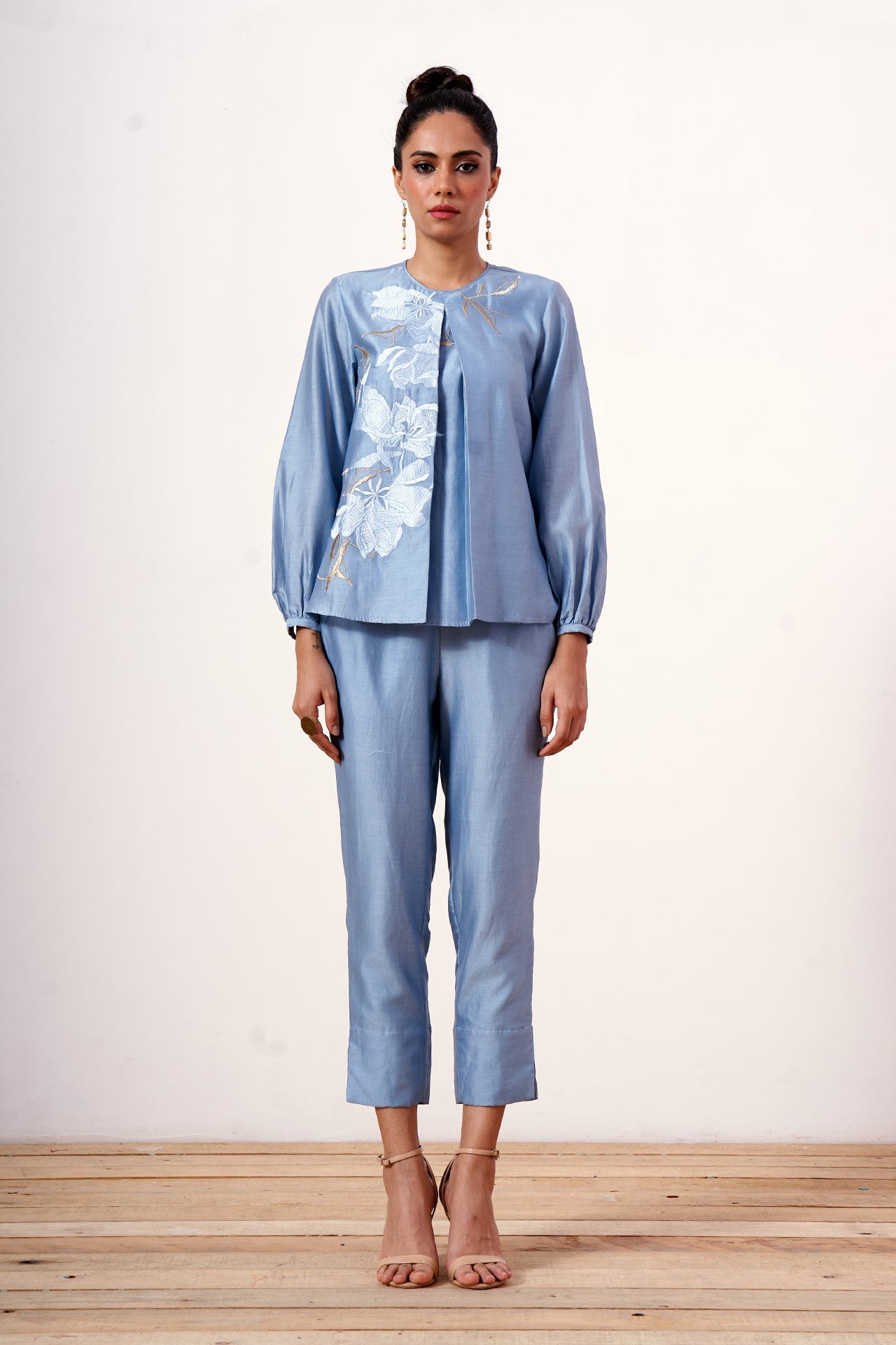 Miriam - Powder Blue Demure Top with Ankle Pants