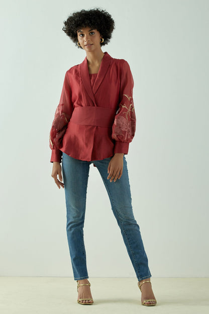 Niko - Sangria Wrap Top With An Obi Belt